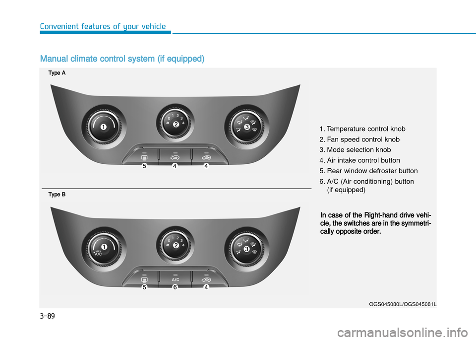 Hyundai Creta 2016  Owners Manual 3-89
Convenient features of your vehicle
1. Temperature control knob 
2. Fan speed control knob
3. Mode selection knob
4. Air intake control button
5. Rear window defroster button
6. A/C (Air conditio