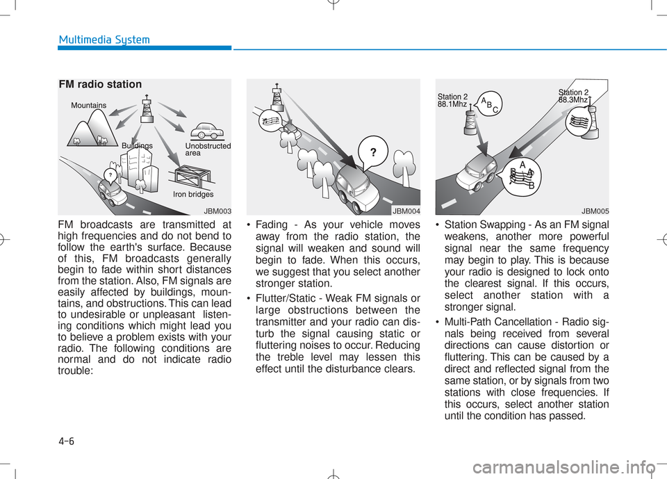 Hyundai Creta 2016 Owners Manual 4-6
Multimedia System
FM broadcasts are transmitted at high frequencies and do not bend to
follow the earths surface. Because
of this, FM broadcasts generally
begin to fade within short distances
fro Hyundai Creta 2016 Owners Manual 4-6
Multimedia System
FM broadcasts are transmitted at high frequencies and do not bend to
follow the earths surface. Because
of this, FM broadcasts generally
begin to fade within short distances
fro