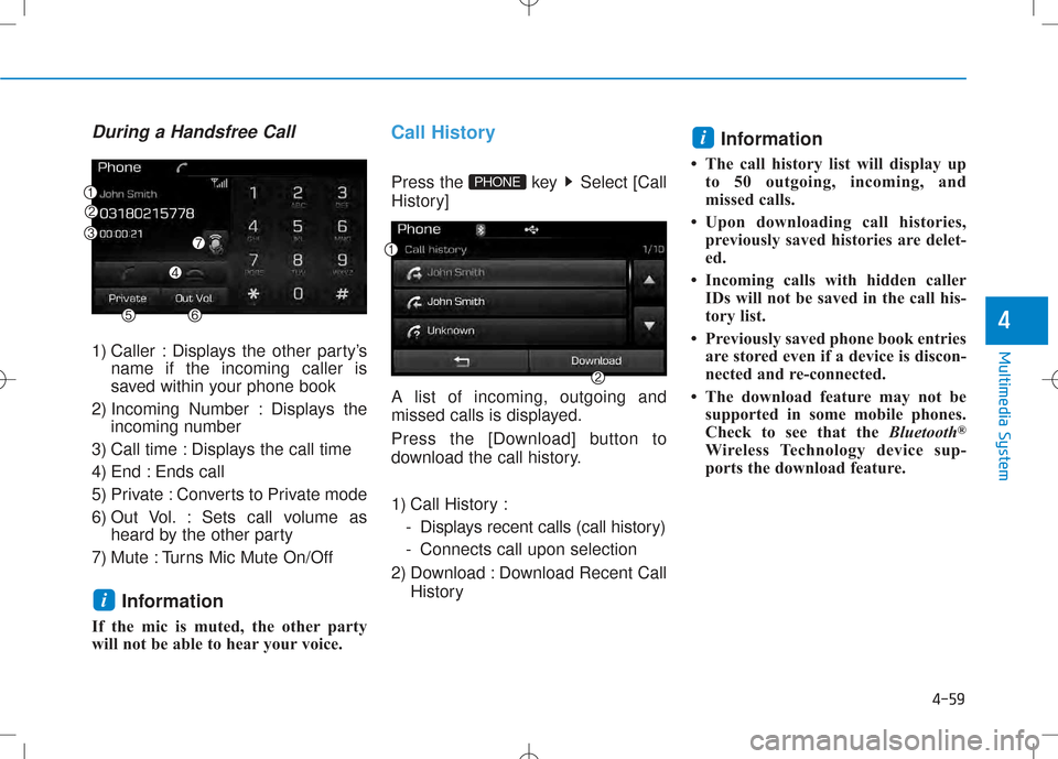 Hyundai Creta 2016 Owners Manual 4-59
Multimedia System
4
During a Handsfree Call
1) Caller : Displays the other party’sname if the incoming caller is
saved within your phone book
2) Incoming Number : Displays the incoming number
Hyundai Creta 2016 Owners Manual 4-59
Multimedia System
4
During a Handsfree Call
1) Caller : Displays the other party’sname if the incoming caller is
saved within your phone book
2) Incoming Number : Displays the incoming number