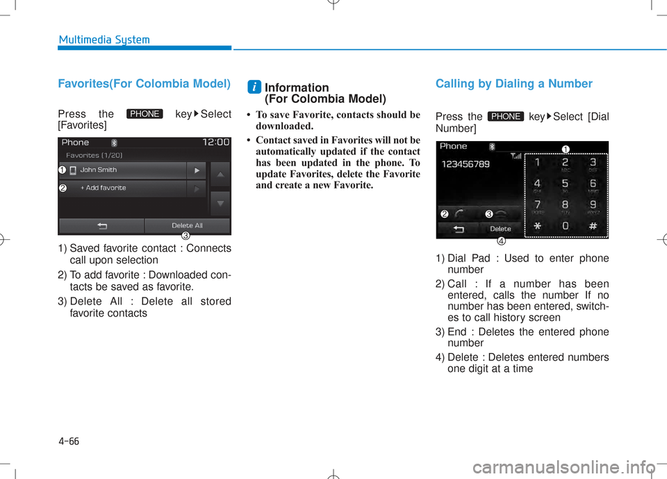Hyundai Creta 2016  Owners Manual 4-66
Multimedia System
Favorites(For Colombia Model)
Press the  key Select 
[Favorites] 
1) Saved favorite contact : Connectscall upon selection
2) To add favorite : Downloaded con- tacts be saved as 