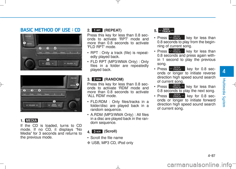 Hyundai Creta 2016 Owners Manual 4-87
Multimedia System
4
BBAA SSIICC MM EETT HH OO DD OO FF UU SSEE :: CC DD
1.
If the CD is loaded, turns to CD
mode. If no CD, it displays “No
Media” for 3 seconds and returns to
the p Hyundai Creta 2016 Owners Manual 4-87
Multimedia System
4
BBAA SSIICC MM EETT HH OO DD OO FF UU SSEE :: CC DD
1.
If the CD is loaded, turns to CD
mode. If no CD, it displays “No
Media” for 3 seconds and returns to
the p