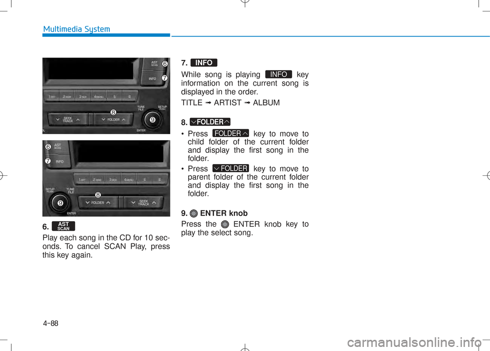 Hyundai Creta 2016 Owners Manual 4-88
Multimedia System
6.
Play each song in the CD for 10 sec-
onds. To cancel SCAN Play, press
this key again.7.
While song is playing key
information on the current song is
displayed in the ord Hyundai Creta 2016 Owners Manual 4-88
Multimedia System
6.
Play each song in the CD for 10 sec-
onds. To cancel SCAN Play, press
this key again.7.
While song is playing key
information on the current song is
displayed in the ord