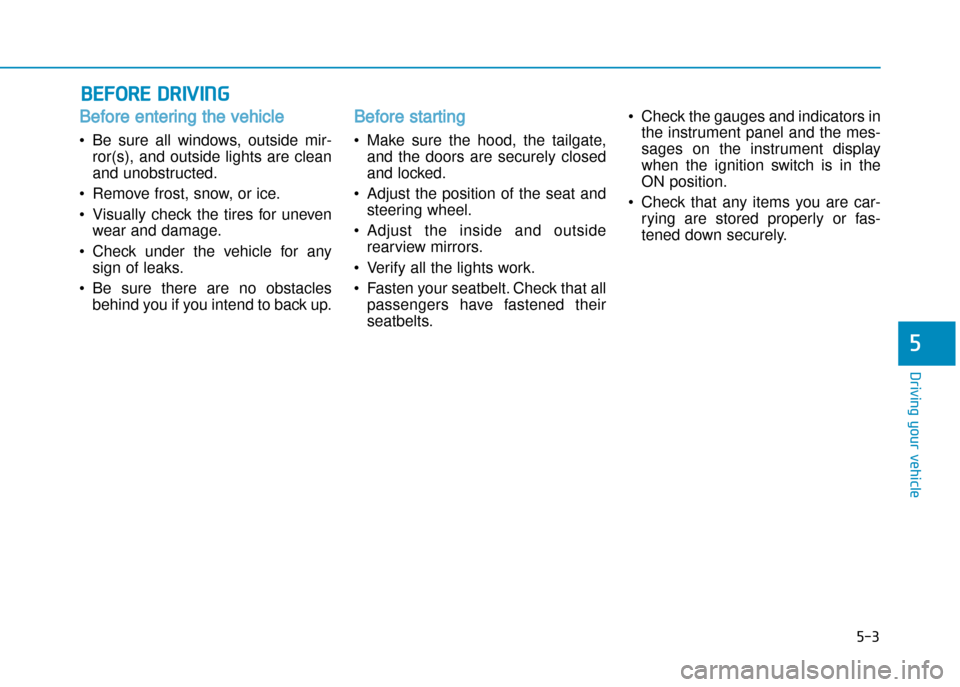 Hyundai Creta 2016  Owners Manual Before entering the vehicle 
• Be  sure  all  windows,  outside  mir�ror(s),  and  outside  lights  are  clean 
and unobstructed.
• Remove frost, snow, or ice. 
• Visually  check  the  tires  fo