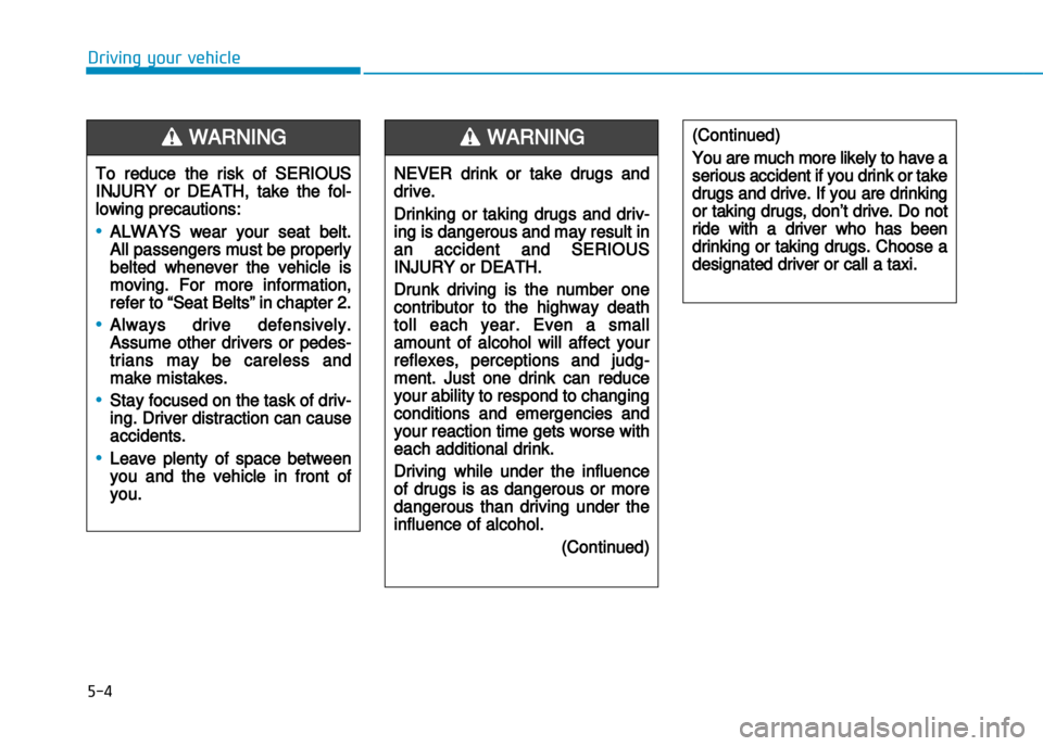 Hyundai Creta 2016  Owners Manual 5-4
Driving your vehicle
To reduce the risk of SERIOUS
INJURY or DEATH, take the fol�
lowing precautions:
•ALWAYS wear your seat belt.
All passengers must be properly
belted whenever the vehicle is
