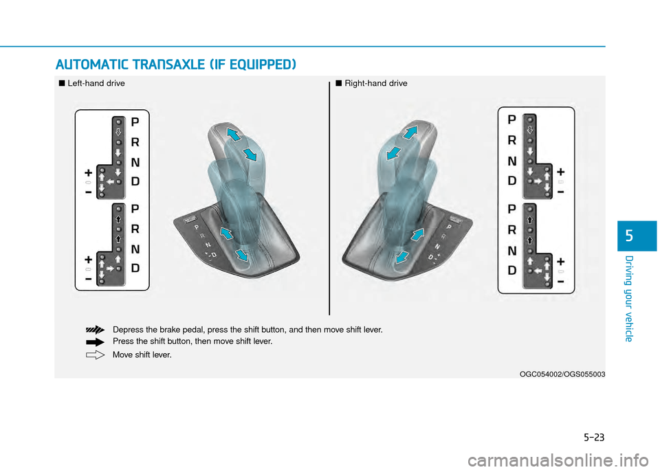 Hyundai Creta 2016  Owners Manual 5-23
Driving your vehicle
5
AUTOMATIC TRANSAXLE (IF EqUIppED)
OGC054002/OGS055003
Move shift lever.
Press the shift button, then move shift lever.
Depress the brake pedal, press the shift button, an
d