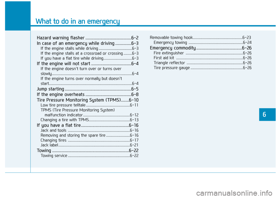 Hyundai Creta 2016  Owners Manual What to do in an emergency
Hazard warning flasher ........................................6-2 
In case of an emergency while driving ..............6-3If the engine stalls while driving ...............
