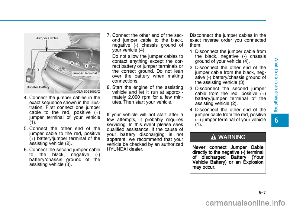 Hyundai Creta 2016  Owners Manual 4. Connect  the  jumper  cables  in  theexact sequence shown in the illus� 
tration.  First  connect  one  jumper
cable  to  the  red,  positive  (+)
jumper  terminal  of  your  vehicle(1).
5. Connect