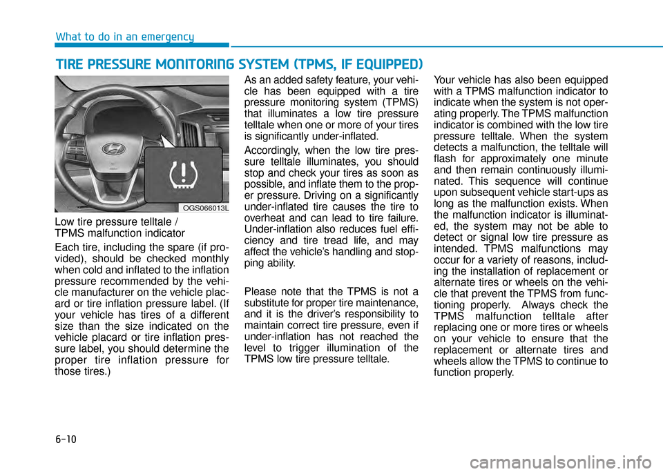 Hyundai Creta 2016  Owners Manual 6-10
What to do in an emergency
Low tire pressure telltale /  
TPMS malfunction indicator 
Each tire, including the spare (if pro�
vided),  should  be  checked  monthly 
when cold and inflated to the 