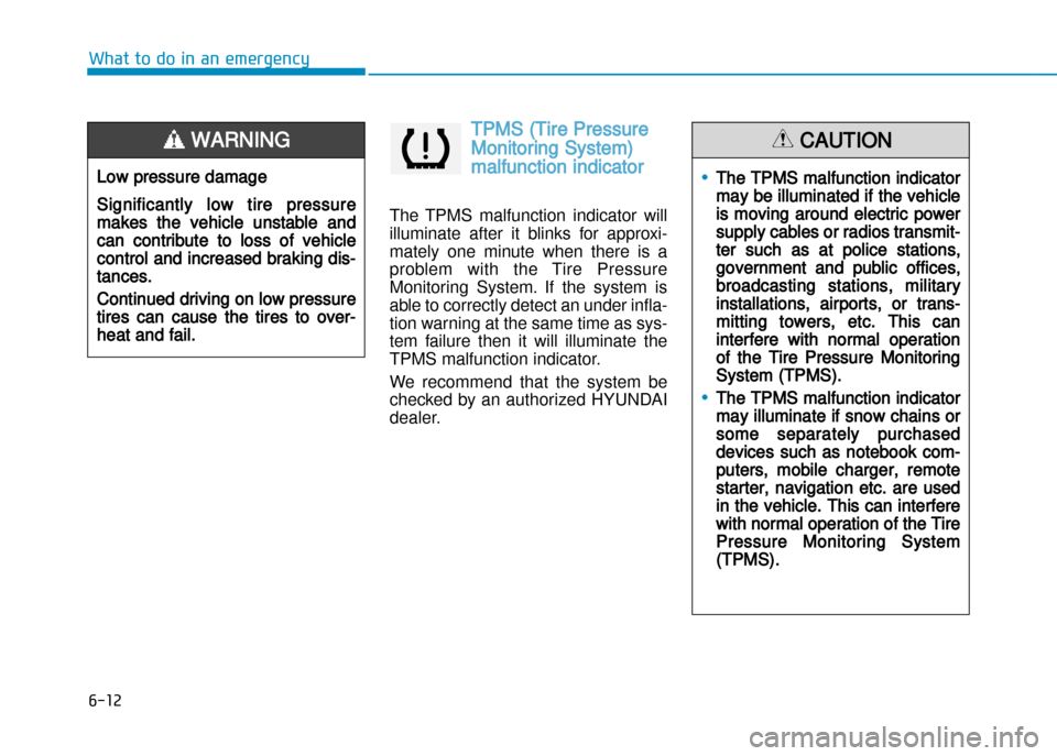 Hyundai Creta 2016  Owners Manual 6-12
What to do in an emergency
TPMS (Tire Pressure
Monitoring System)
malfunction indicator
The  TPMS  malfunction  indicator  will 
illuminate  after  it  blinks  for  approxi�
mately  one  minute  
