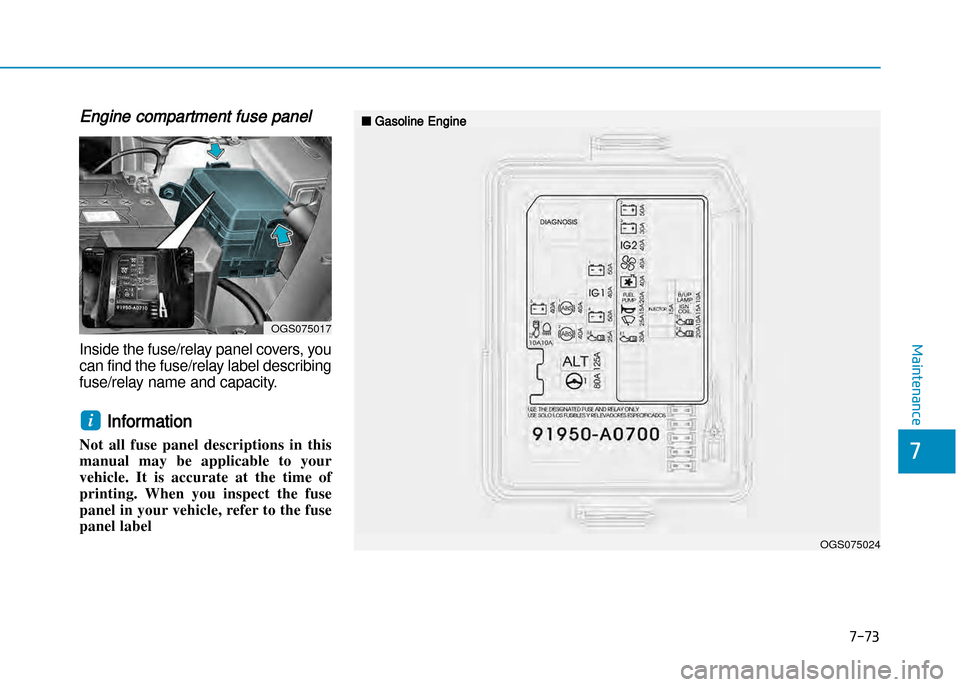 Hyundai Creta 2016  Owners Manual 7-73
7
Maintenance
Engine compartment fuse panel 
Inside the fuse/relay panel covers, you
can find the fuse/relay label describing
fuse/relay name and capacity.  
Information 
Not  all  fuse  panel  d