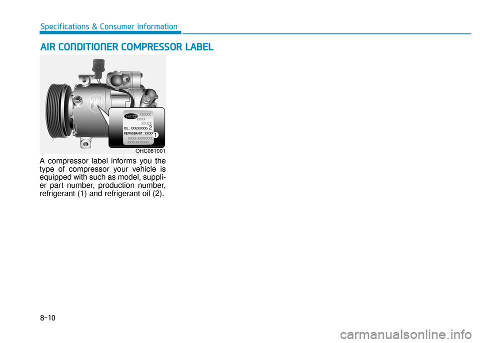Hyundai Creta 2016  Owners Manual A compressor  label  informs  you  the
type  of  compressor  your  vehicle  is 
equipped with such as model, suppli�
er  part  number,  production  number,
refrigerant (1) and refrigerant oil (2).
aIr
