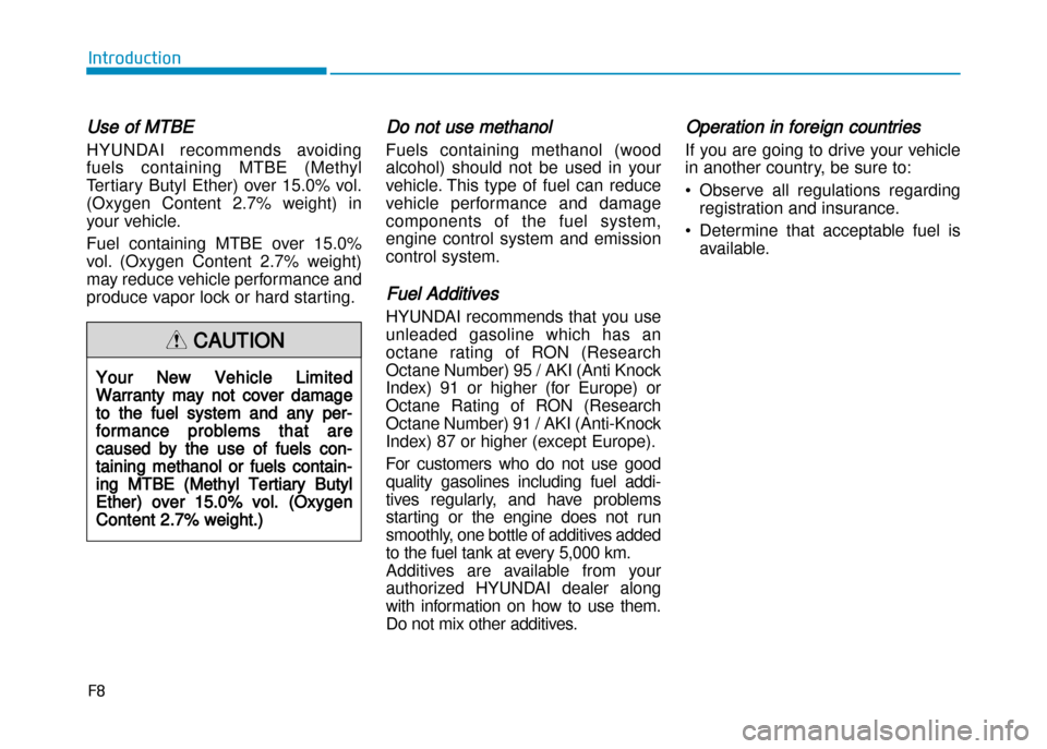 Hyundai Creta 2016  Owners Manual F8
Introduction
Use of MTBE
HYUNDAI  recommends  avoiding 
fuels  containing  MTBE  (Methyl
Tertiary  Butyl  Ether)  over  15.0%  vol.
(Oxygen  Content  2.7%  weight)  in
your vehicle. 
Fuel  containi