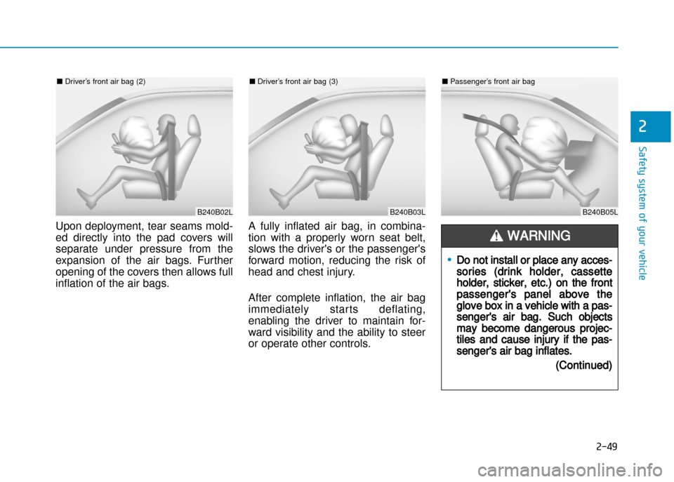 Hyundai Creta 2016 Manual PDF 2-49
Safety system of your vehicle
2
Upon deployment, tear seams mold� 
ed  directly  into  the  pad  covers  will
separate  under  pressure  from  the
expansion  of  the  air  bags.  Further
opening 