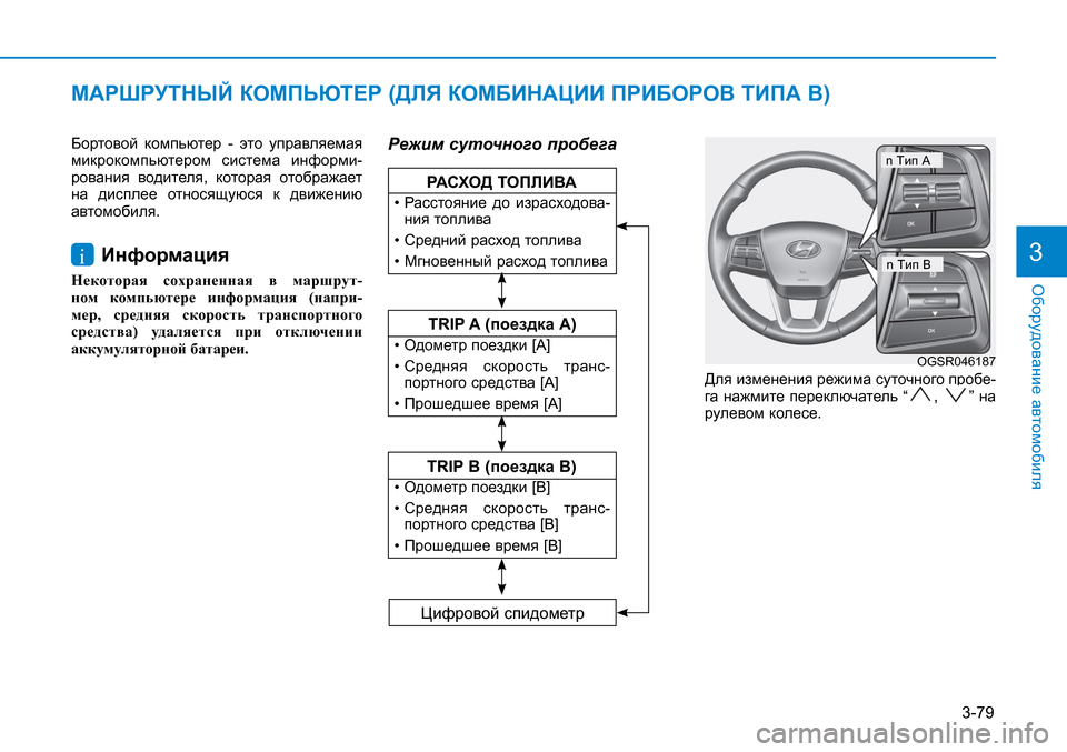 Hyundai Creta 2016 Инструкция по эксплуатации (in Russian) 3-79
Оборудование автомобиля
Бортовой компьютер - это управляемая
микрокомпьютером система информи-
рования Hyundai Creta 2016 Инструкция по эксплуатации (in Russian) 3-79
Оборудование автомобиля
Бортовой компьютер - это управляемая
микрокомпьютером система информи-
рования