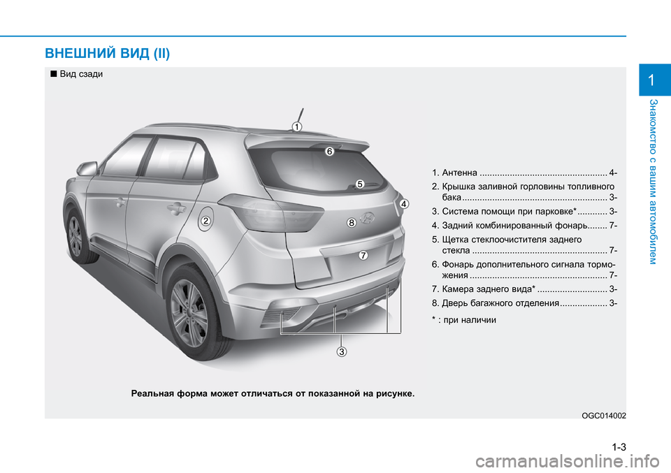 Hyundai Creta 2016 Инструкция по эксплуатации (in Russian) 1-3
Знакомство с вашим автомобилем
ВНЕШНИЙ ВИД (II)
1
OGC014002
n Вид сзади
Реальная форма может отличаться от показа Hyundai Creta 2016 Инструкция по эксплуатации (in Russian) 1-3
Знакомство с вашим автомобилем
ВНЕШНИЙ ВИД (II)
1
OGC014002
n Вид сзади
Реальная форма может отличаться от показа