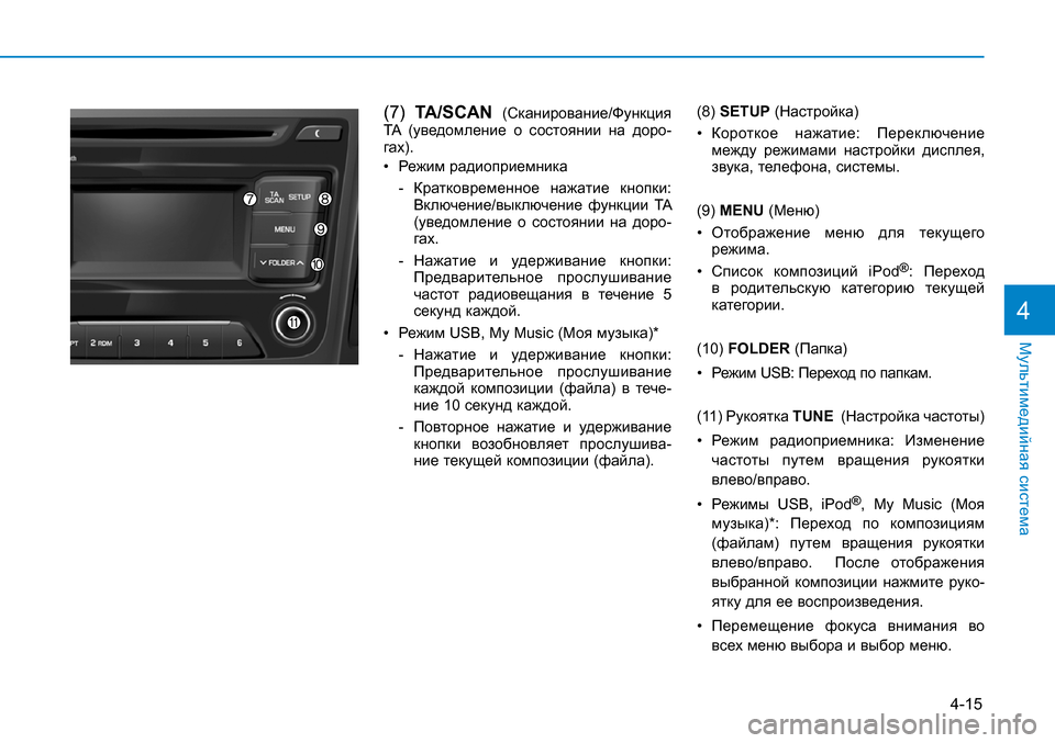 Hyundai Creta 2016 Инструкция по эксплуатации (in Russian) (7) TA/SCAN (Сканирование/Функция TA (уведомление о состоянии на доро-гах).
• Режим радиоприемника
- Кратковреме Hyundai Creta 2016 Инструкция по эксплуатации (in Russian) (7) TA/SCAN (Сканирование/Функция TA (уведомление о состоянии на доро-гах).
• Режим радиоприемника
- Кратковреме