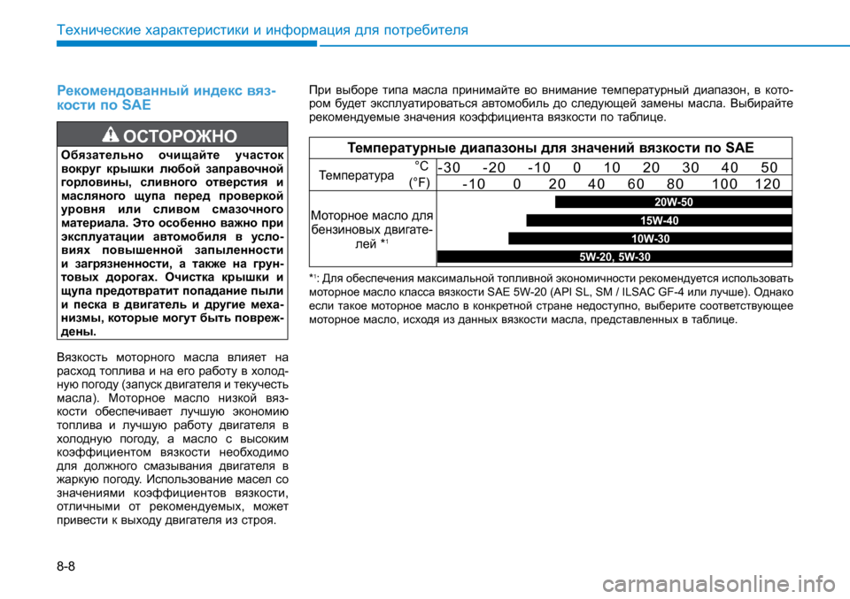 Hyundai Creta 2016  Инструкция по эксплуатации (in Russian) 8-8
Технические характеристики и информация для потребителя
Рекомендованный индекс вяз-кости по SAE
ОСТОРОЖНО 