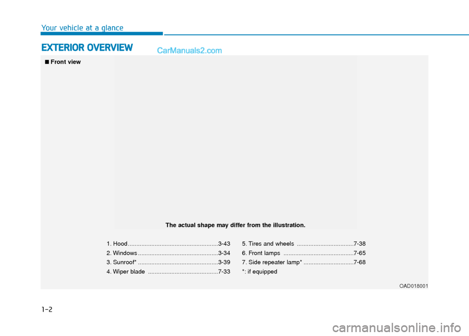 Hyundai Elantra 2020  Owners Manual 1-2
E
EX
X T
TE
ER
R I
IO
O R
R 
 O
O V
VE
ER
R V
V I
IE
E W
W
Your vehicle at a glance
1. Hood ......................................................3-43
2. Windows ..................................