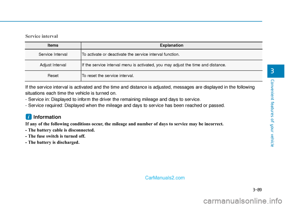 Hyundai Elantra 2020  Owners Manual 3-89
Convenient features of your vehicle
3
ItemsExplanation
Service IntervalTo activate or deactivate the service interval function.
Adjust IntervalIf the service interval menu is activated, you may a