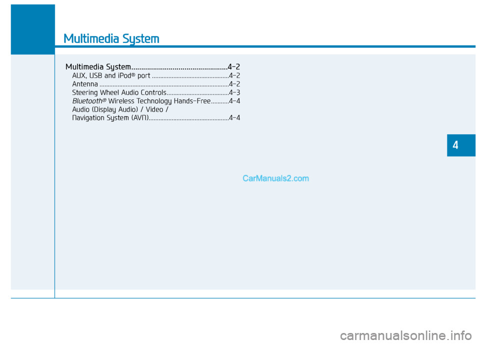 Hyundai Elantra 2020  Owners Manual Multimedia System
Multimedia System.................................................4-2
AUX, USB and iPod®port ...............................................4-2
Antenna .............................