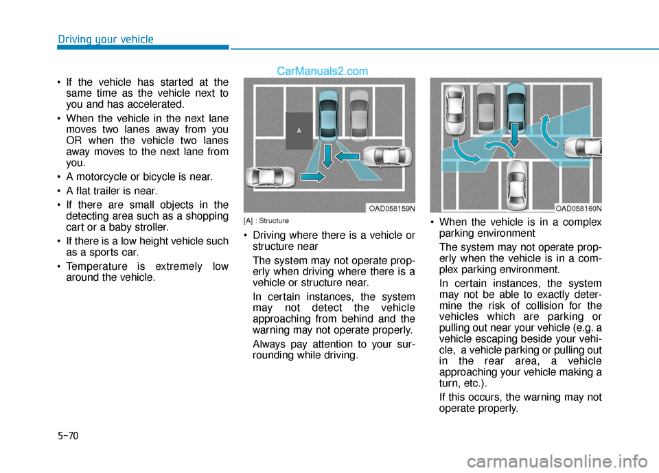 Hyundai Elantra 2020  Owners Manual 5-70
Driving your vehicle
 If the vehicle has started at the same time as the vehicle next to
you and has accelerated.
 When the vehicle in the next lane moves two lanes away from you
OR when the vehi