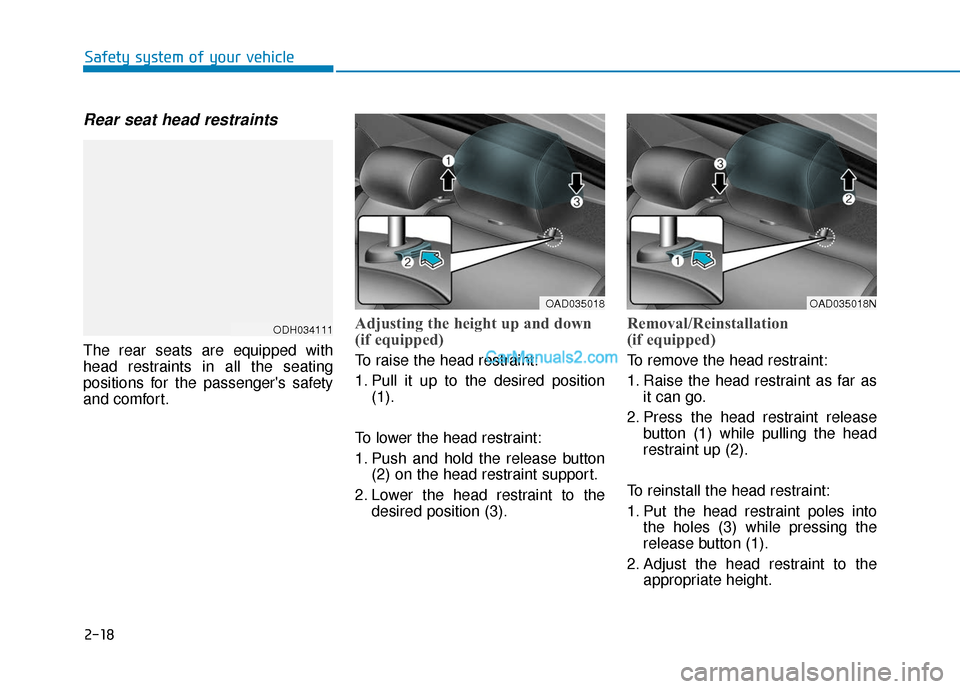 Hyundai Elantra 2020 Owners Guide 2-18
Safety system of your vehicle
Rear seat head restraints
The rear seats are equipped with
head restraints in all the seating
positions for the passengers safety
and comfort.
Adjusting the height Hyundai Elantra 2020 Owners Guide 2-18
Safety system of your vehicle
Rear seat head restraints
The rear seats are equipped with
head restraints in all the seating
positions for the passengers safety
and comfort.
Adjusting the height