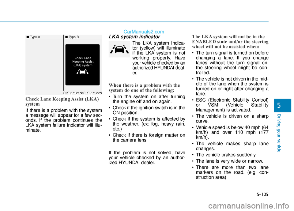 Hyundai Elantra 2020  Owners Manual 5-105
Driving your vehicle
5
Check Lane Keeping Assist (LKA)
system
If there is a problem with the system
a message will appear for a few sec-
onds. If the problem continues the
LKA system failure ind