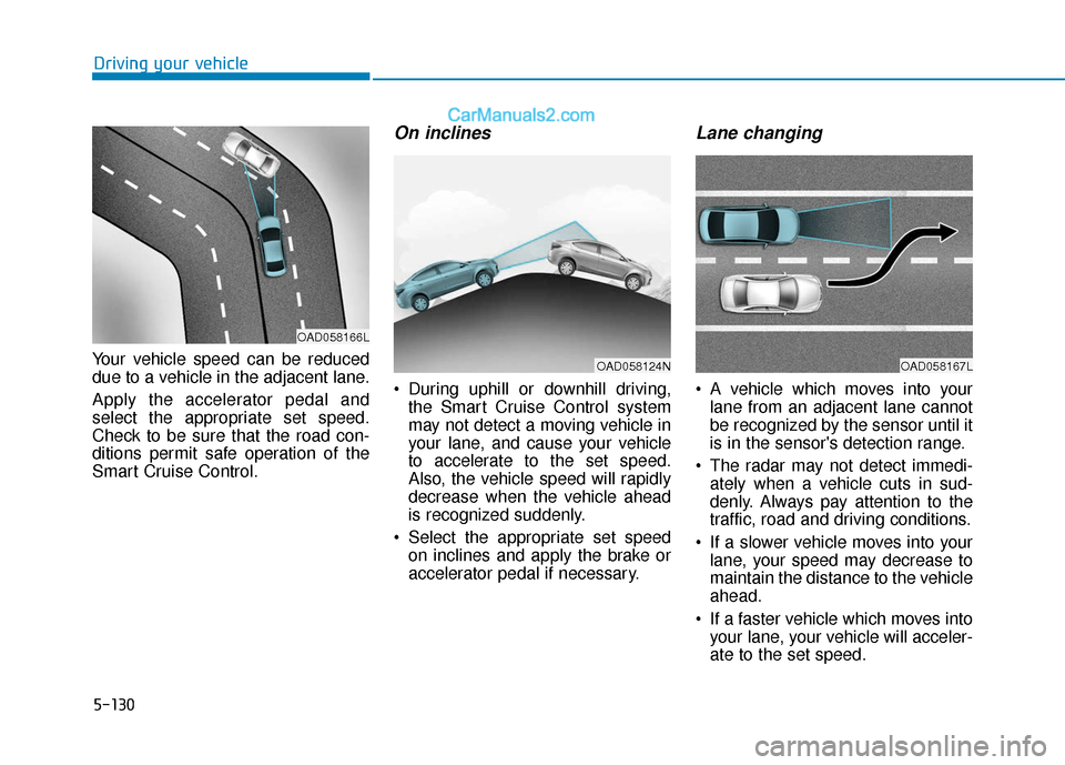 Hyundai Elantra 2020 Service Manual 5-130
Driving your vehicle
Your vehicle speed can be reduced
due to a vehicle in the adjacent lane.
Apply the accelerator pedal and
select the appropriate set speed.
Check to be sure that the road con