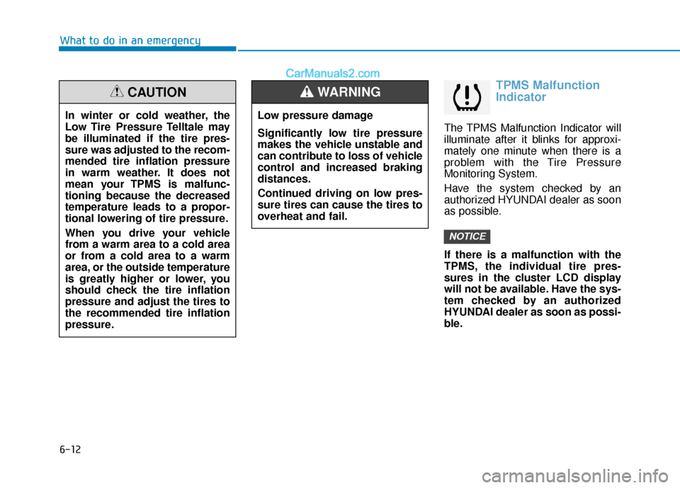 Hyundai Elantra 2020  Owners Manual 6-12
What to do in an emergency
TPMS Malfunction
Indicator
The TPMS Malfunction Indicator will
illuminate after it blinks for approxi-
mately one minute when there is a
problem with the Tire Pressure
