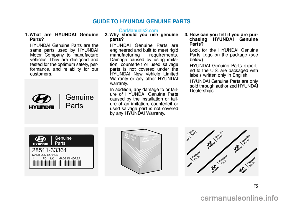 Hyundai Elantra 2020  Owners Manual F5
1. What are HYUNDAI GenuineParts?
HYUNDAI Genuine Parts are the
same parts used by HYUNDAI
Motor Company to manufacture
vehicles. They are designed and
tested for the optimum safety, per-
formance,