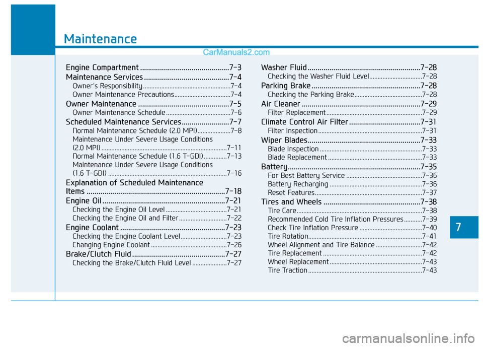 Hyundai Elantra 2020  Owners Manual 7
Maintenance
7
Maintenance
Engine Compartment .............................................7-3
Maintenance Services ...........................................7-4
Owners Responsibility .............