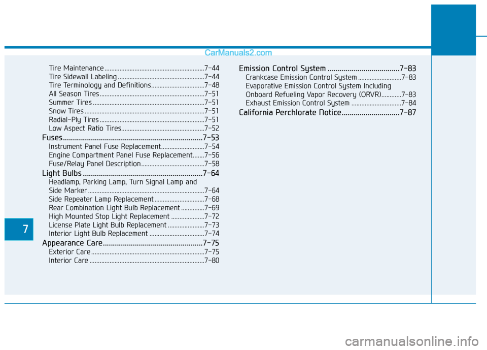 Hyundai Elantra 2020  Owners Manual 7
Tire Maintenance ............................................................7-44
Tire Sidewall Labeling ....................................................7-44
Tire Terminology and Definitions....