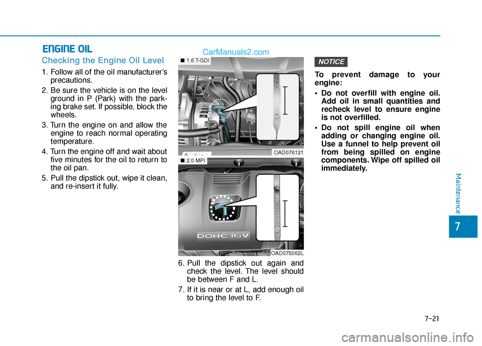 Hyundai Elantra 2020 Owners Manual 7-21
7
Maintenance
E
EN
N G
GI
IN
N E
E
O
O I
IL
L
Checking the Engine Oil Level
1. Follow all of the oil manufacturer’s
precautions.
2. Be sure the vehicle is on the level ground in P (Park) wit Hyundai Elantra 2020 Owners Manual 7-21
7
Maintenance
E
EN
N G
GI
IN
N E
E
O
O I
IL
L
Checking the Engine Oil Level
1. Follow all of the oil manufacturer’s
precautions.
2. Be sure the vehicle is on the level ground in P (Park) wit