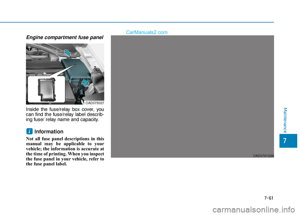 Hyundai Elantra 2020  Owners Manual 7-61
7
Maintenance
Engine compartment fuse panel
Inside the fuse/relay box cover, you
can find the fuse/relay label describ-
ing fuse/ relay name and capacity.
Information 
Not all fuse panel descript