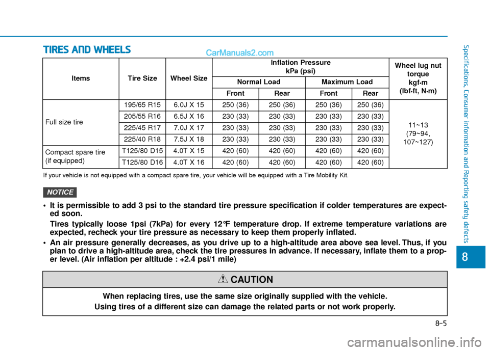Hyundai Elantra 2020 Owners Manual T
TI
IR
R E
ES
S
A
A N
N D
D
W
W H
HE
EE
EL
LS
S
8-5
88
Specifications, Consumer information and Reporting safety defects
When replacing tires, use the same size originally supplied with the vehic Hyundai Elantra 2020 Owners Manual T
TI
IR
R E
ES
S
A
A N
N D
D
W
W H
HE
EE
EL
LS
S
8-5
88
Specifications, Consumer information and Reporting safety defects
When replacing tires, use the same size originally supplied with the vehic