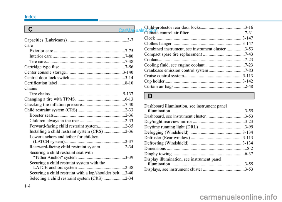 Hyundai Elantra 2020 Owners Manual I-4
Capacities (Lubricants) .....................................................3-7
CareExterior care ...............................................................7-75
Interior care ............... Hyundai Elantra 2020 Owners Manual I-4
Capacities (Lubricants) .....................................................3-7
CareExterior care ...............................................................7-75
Interior care ...............