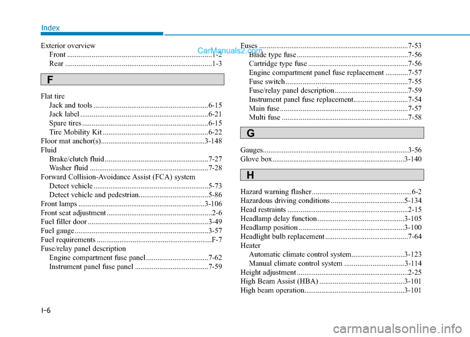 Hyundai Elantra 2020 Owners Manual I-6
Exterior overviewFront ........................................................................\
.....1-2
Rear ........................................................................\
......1-3
F Hyundai Elantra 2020 Owners Manual I-6
Exterior overviewFront ........................................................................\
.....1-2
Rear ........................................................................\
......1-3
F