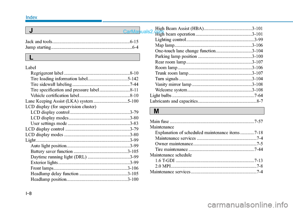 Hyundai Elantra 2020  Owners Manual I-8
Jack and tools..................................................................6-15
Jump starting .....................................................................6-4\
LabelRegrigerent label