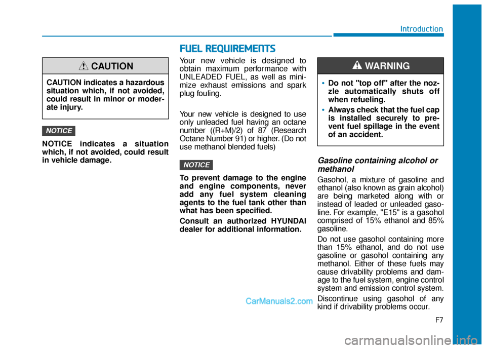 Hyundai Elantra 2020  Owners Manual F7
Introduction
F
FU
U E
EL
L 
 R
R E
EQ
Q U
UI
IR
R E
EM
M E
EN
N T
TS
S
NOTICE indicates a situation
which, if not avoided, could result
in vehicle damage. Your new vehicle is designed to
obtain max