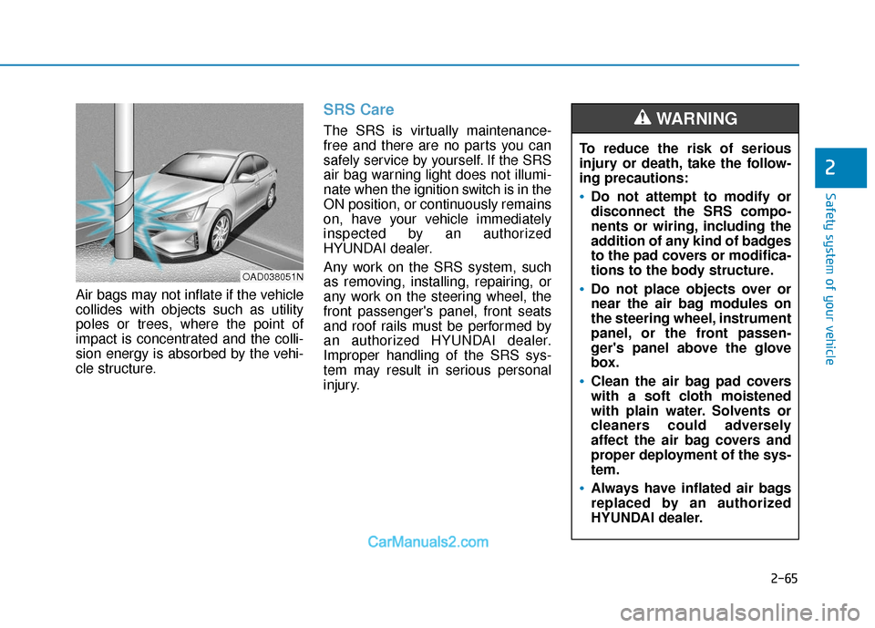 Hyundai Elantra 2020  Owners Manual 2-65
Safety system of your vehicle
2
Air bags may not inflate if the vehicle
collides with objects such as utility
poles or trees, where the point of
impact is concentrated and the colli-
sion energy 