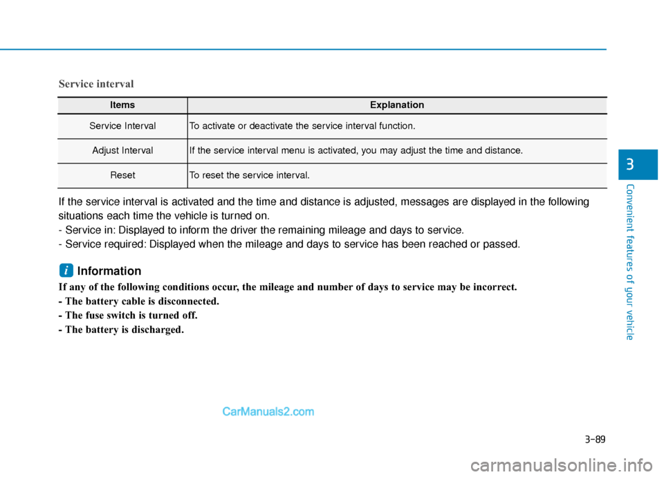 Hyundai Elantra 2019 Owners Guide 3-89
Convenient features of your vehicle
3
ItemsExplanation
Service IntervalTo activate or deactivate the service interval function.
Adjust IntervalIf the service interval menu is activated, you may a