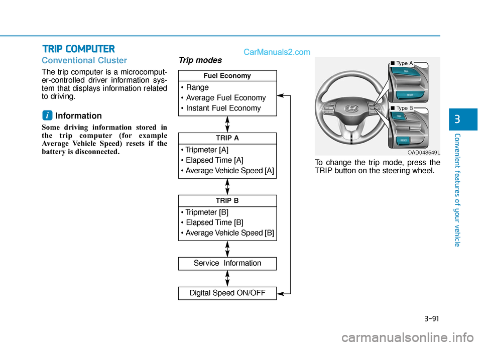 Hyundai Elantra 2019  Owners Manual 3-91
Convenient features of your vehicle
3
Conventional Cluster   
The trip computer is a microcomput-
er-controlled driver information sys-
tem that displays information related
to driving.
Informati