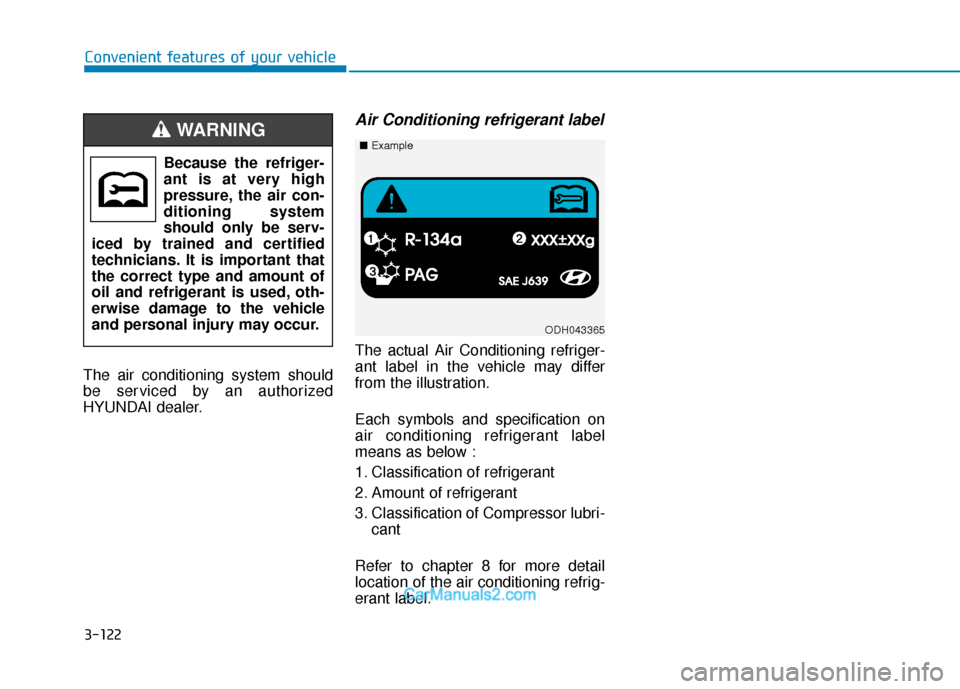 Hyundai Elantra 2019  Owners Manual 3-122
Convenient features of your vehicle
The air conditioning system should
be serviced by an authorized
HYUNDAI dealer.
Air Conditioning refrigerant label
The actual Air Conditioning refriger-
ant l