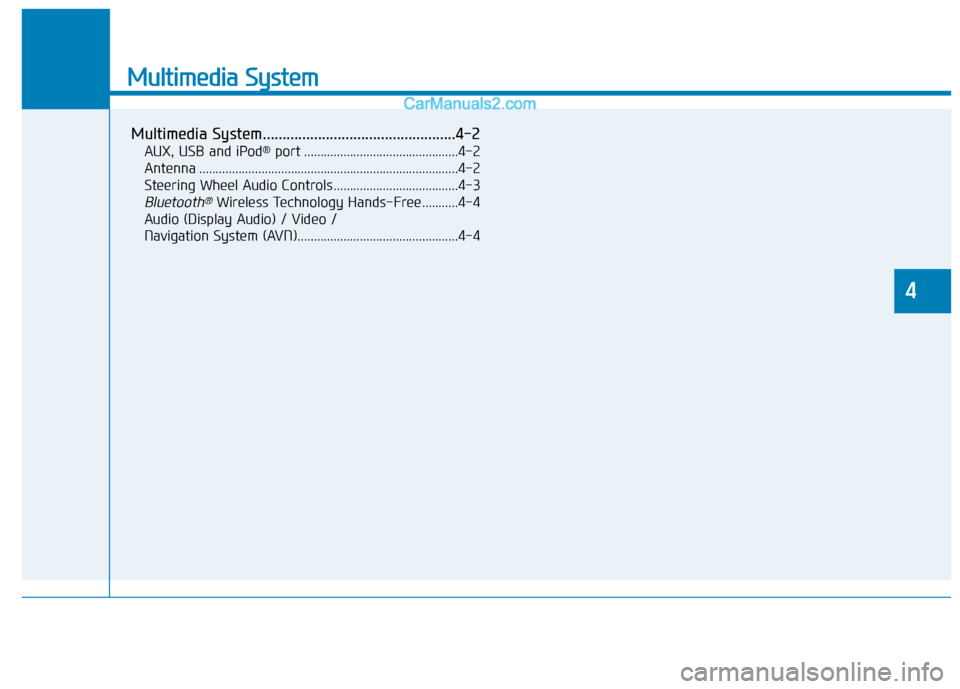 Hyundai Elantra 2019  Owners Manual Multimedia System
Multimedia System.................................................4-2
AUX, USB and iPod®port ...............................................4-2
Antenna .............................