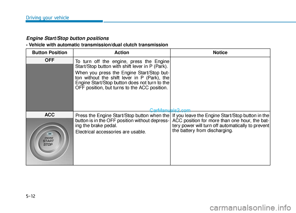 Hyundai Elantra 2019 Owners Manual 5-12
Driving your vehicle
Engine Start/Stop button positions
- Vehicle with automatic transmission/dual clutch transmissionButton Position Action Notice
OFF To turn off the engine, press the Engine
S Hyundai Elantra 2019 Owners Manual 5-12
Driving your vehicle
Engine Start/Stop button positions
- Vehicle with automatic transmission/dual clutch transmissionButton Position Action Notice
OFF To turn off the engine, press the Engine
S