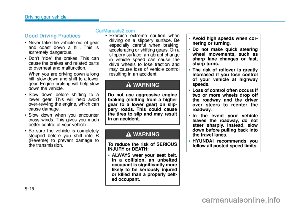 Hyundai Elantra 2019  Owners Manual 5-18
Good Driving Practices 
 Never take the vehicle out of gearand coast down a hill. This is
extremely dangerous.
 Dont "ride" the brakes. This can cause the brakes and related parts
to overheat an