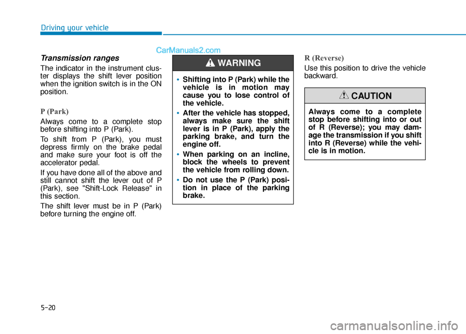 Hyundai Elantra 2019  Owners Manual 5-20
Driving your vehicle
Transmission ranges
The indicator in the instrument clus-
ter displays the shift lever position
when the ignition switch is in the ON
position.
P (Park) 
Always come to a com