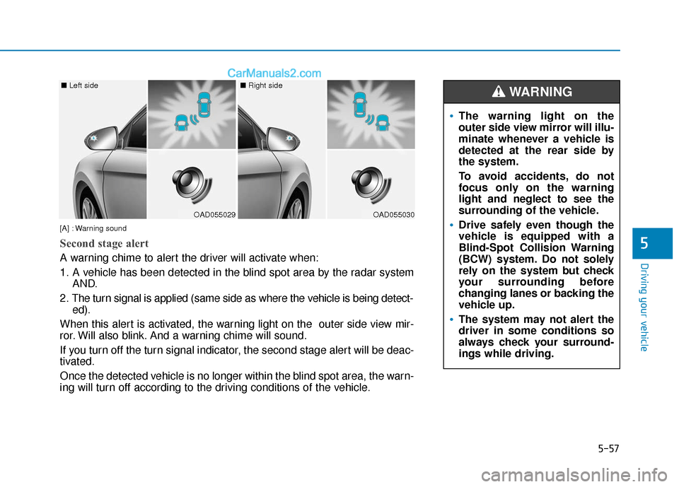 Hyundai Elantra 2019  Owners Manual 5-57
Driving your vehicle
5
OAD055029
■ Left side
OAD055030
■ Right side
[A] : Warning sound
Second stage alert
A warning chime to alert the driver will activate when:
1. A vehicle has been detect