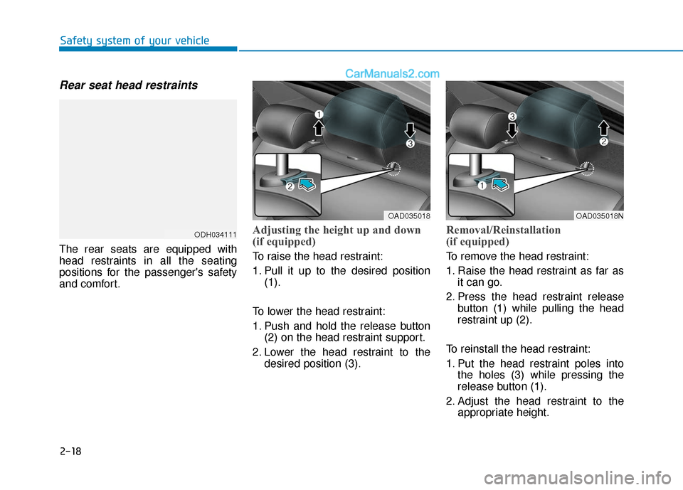 Hyundai Elantra 2019 Owners Guide 2-18
Safety system of your vehicle
Rear seat head restraints
The rear seats are equipped with
head restraints in all the seating
positions for the passengers safety
and comfort.
Adjusting the height Hyundai Elantra 2019 Owners Guide 2-18
Safety system of your vehicle
Rear seat head restraints
The rear seats are equipped with
head restraints in all the seating
positions for the passengers safety
and comfort.
Adjusting the height