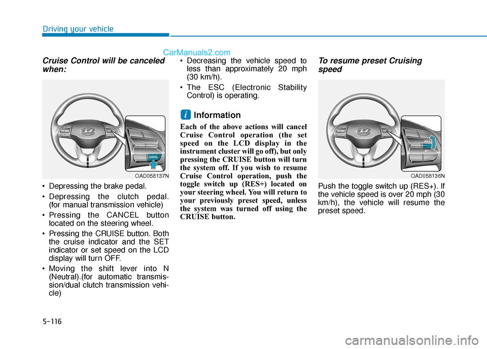 Hyundai Elantra 2019  Owners Manual 5-116
Driving your vehicle
Cruise Control will be canceledwhen:
 Depressing the brake pedal.
 Depressing the clutch pedal.
(for manual transmission vehicle)
 Pressing the CANCEL button located on the 